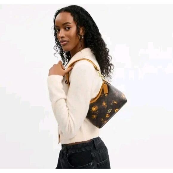 NWT Coach Laurel Small Shoulder Bag With Floral/Flowers Walnut Gold - Picture 4 of 6